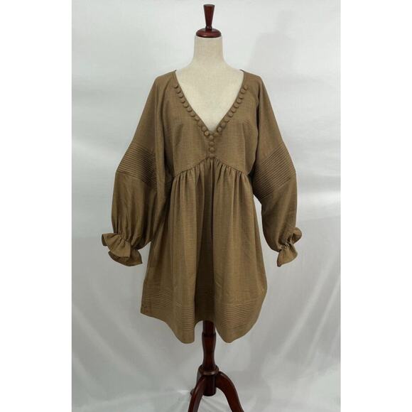 MOODSTORIES OS S M L Brown Tan Long Puff Balloon Sleeve Dress Fall - Picture 2 of 9